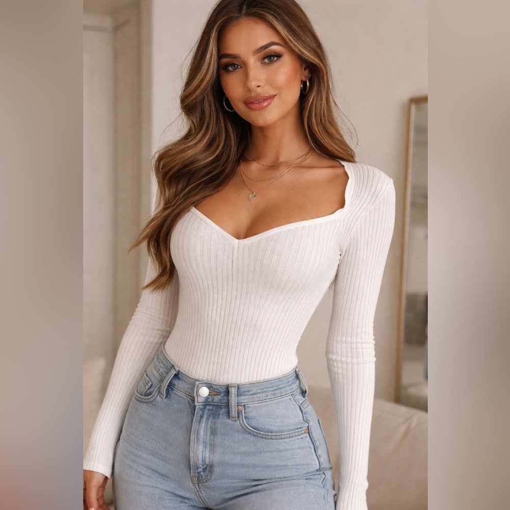 GUESS White Ribbed Knit Sweetheart Neckline Top Long Sleeve Size M Fitted Y2K